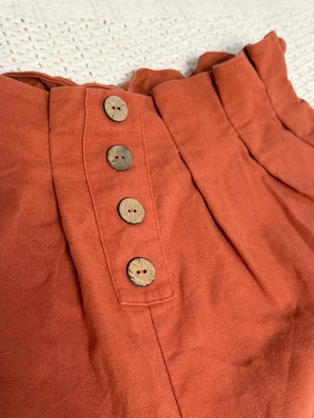 IRIS Burnt Orange Elastic Paperbag Waist Pants with Brown Faux Buttons Wide Leg - Picture 2 of 6